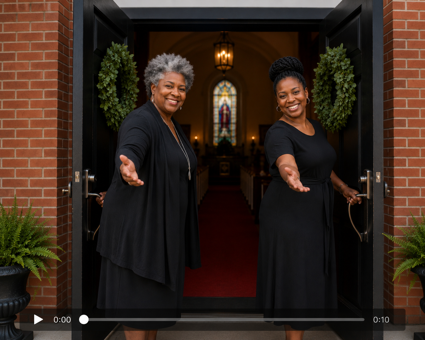 Two women welcoming visitors at the entrance of Zion Hope Baptist Church
