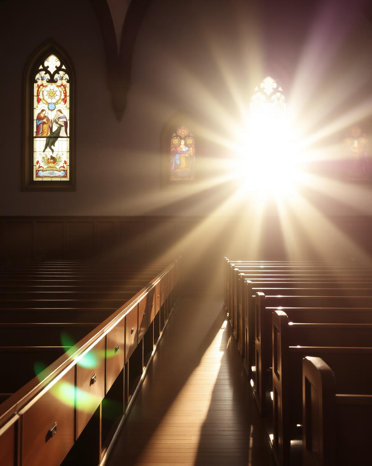 Sunlight streaming through stained glass onto the pews of the Zion Hope sanctuary